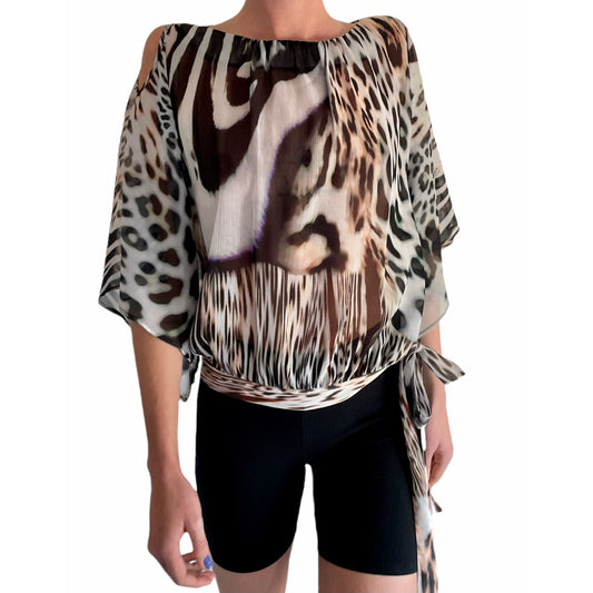 Morgan Leopard & Zebra Print sheer floaty top with open shoulders